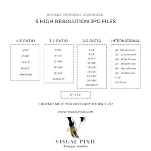 May include: A printable chart showing different aspect ratios and their corresponding sizes in inches and millimeters. The chart includes 4:5, 3:4, 2:3, and international paper sizes. The chart also includes the text "INSTANT PRINTABLE DOWNLOAD" and "5 HIGH RESOLUTION JPG FILES".