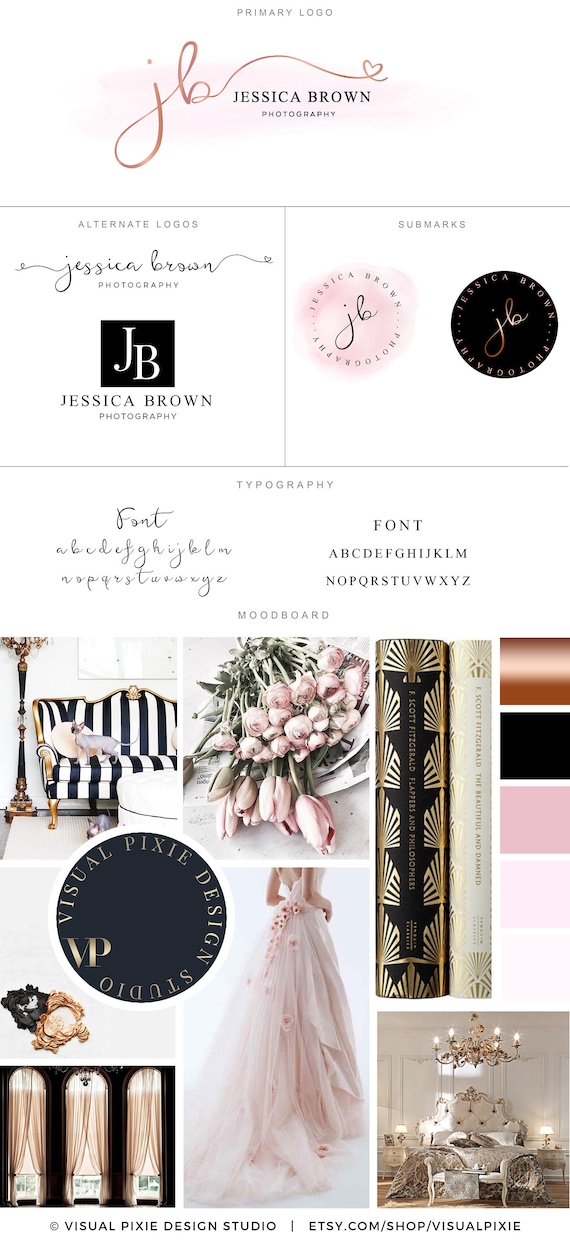 Branding Package Rose Gold Heart Monogram Pink Watercolor Etsy