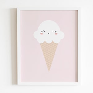 May include: A white ice cream cone with a smiling face on a pink background. The ice cream cone is in a white frame.