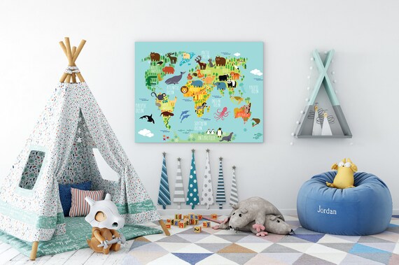 Animal World Map For Kids Room Nursery World Map Baby Room Baby Boy Nursery Art Baby Boy Gift Children Nursery Decor Animals Wall Art
