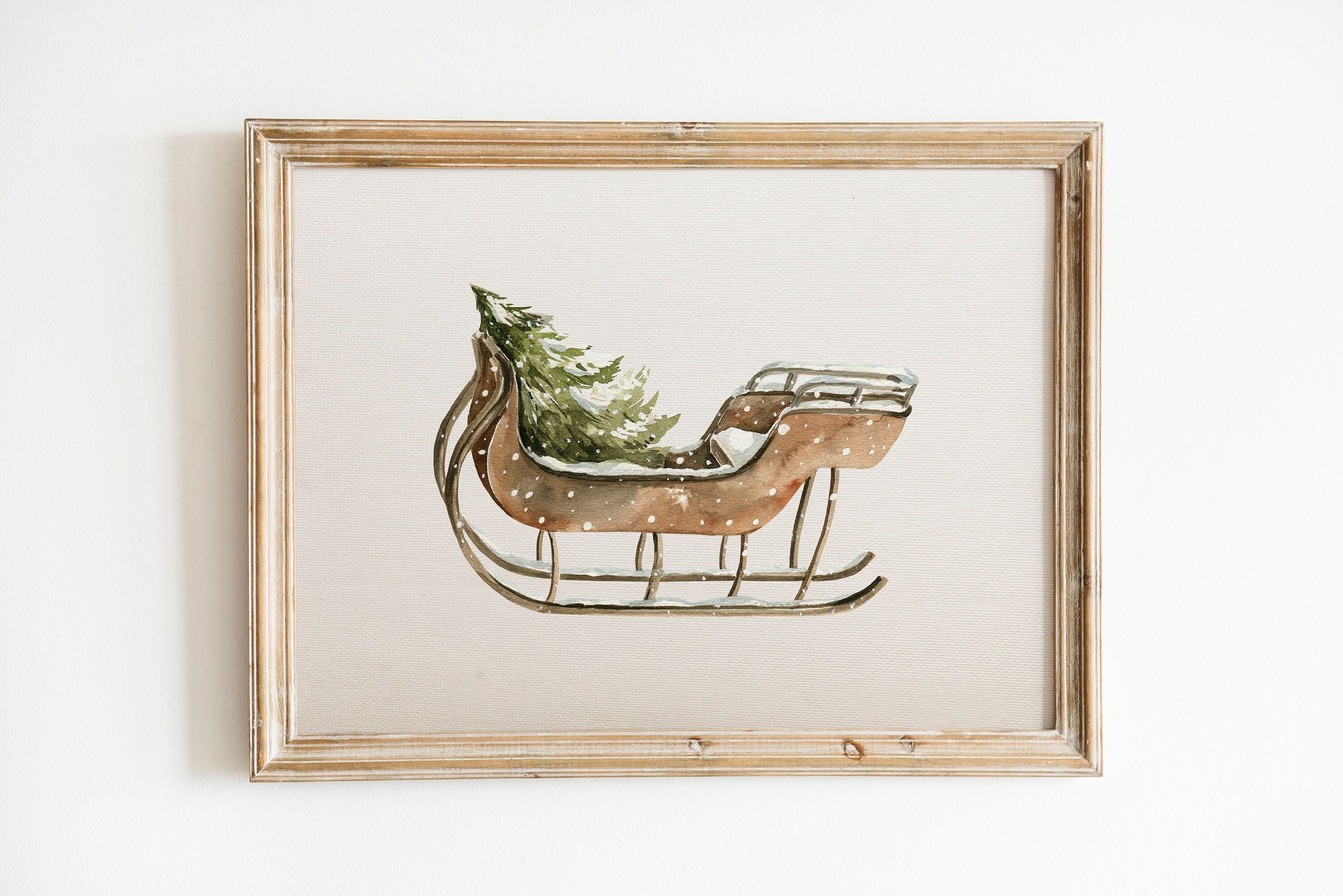 Watercolor Sleigh with Christmas Tree Printable Wall Art,Vintage Sleigh Poster, Christmas Print, Christmas Prints Gallery Wall,Winter Prints