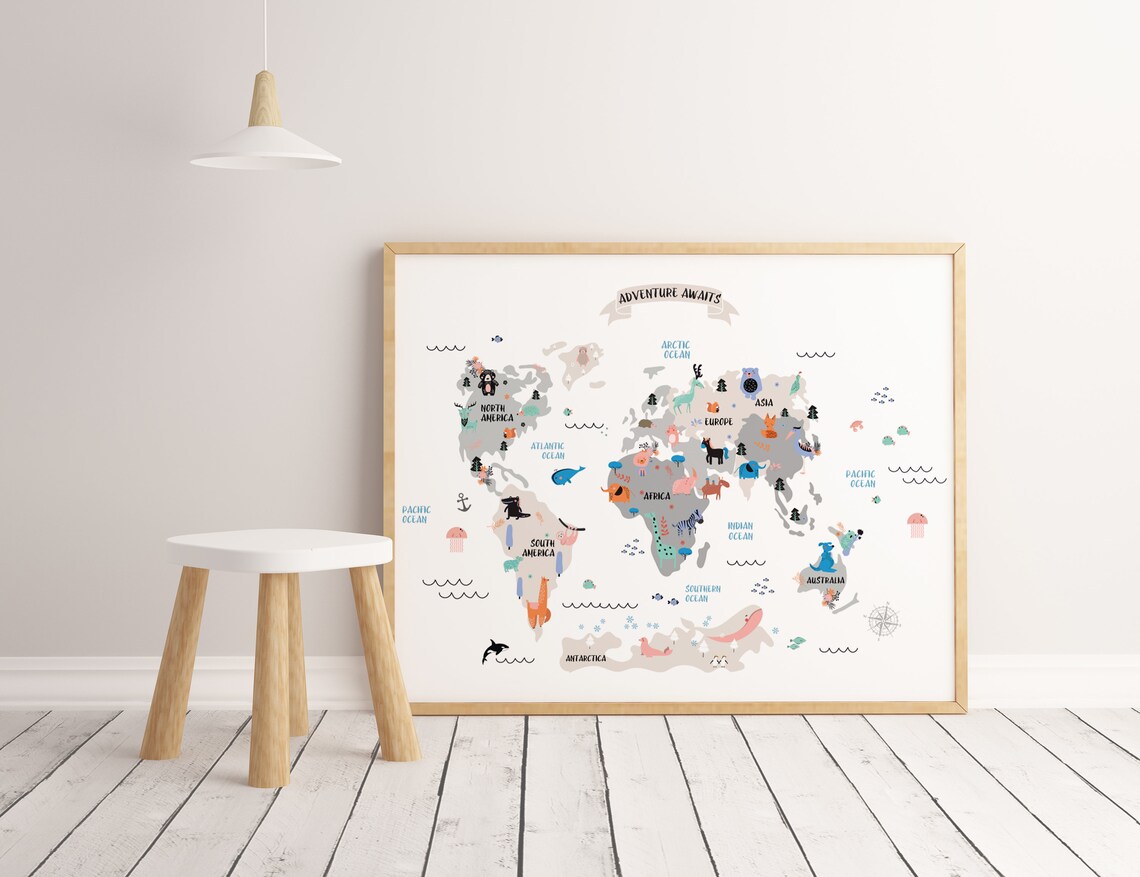Animal World Map for Kids Room - Nursery World Map Baby Room - Baby Boy ...