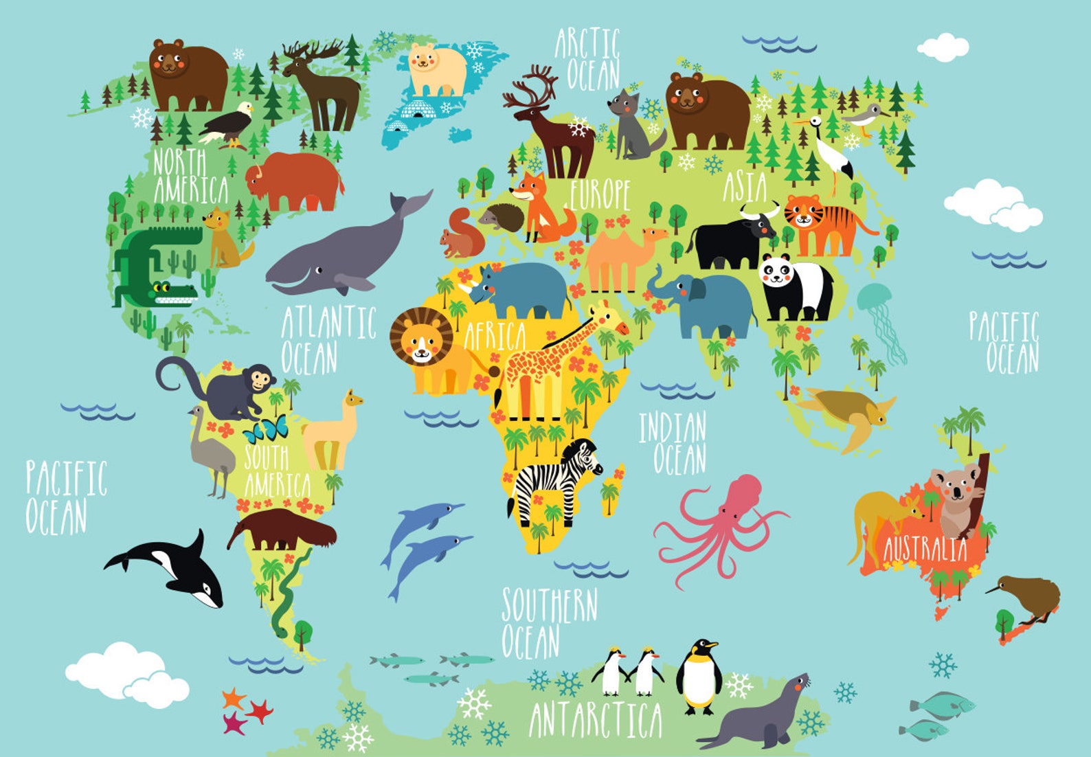 Animal World Map for Kids Room - Nursery World Map Baby Room - Baby Boy ...