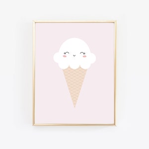 May include: A framed print of a cartoon ice cream cone with a smiling face. The ice cream is white and the cone is light brown with a waffle pattern. The background is a light pink color.