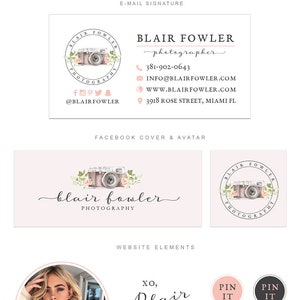 May include: A branding guide for a photography business called "Blair Fowler Photography". The guide includes a primary logo, submarks, an alternate logo, business card design, email signature, Facebook cover and avatar, website elements, and a mood board. The primary logo features a watercolor illustration of a vintage camera with pink flowers and greenery.