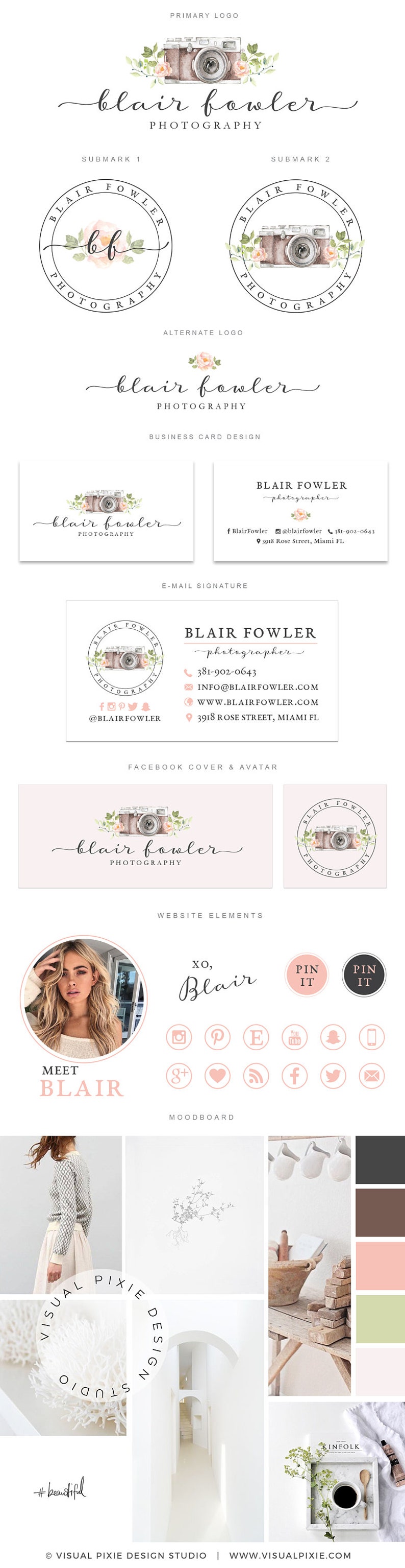May include: A branding guide for a photography business called "Blair Fowler Photography". The guide includes a primary logo, submarks, an alternate logo, business card design, email signature, Facebook cover and avatar, website elements, and a mood board. The primary logo features a watercolor illustration of a vintage camera with pink flowers and greenery.