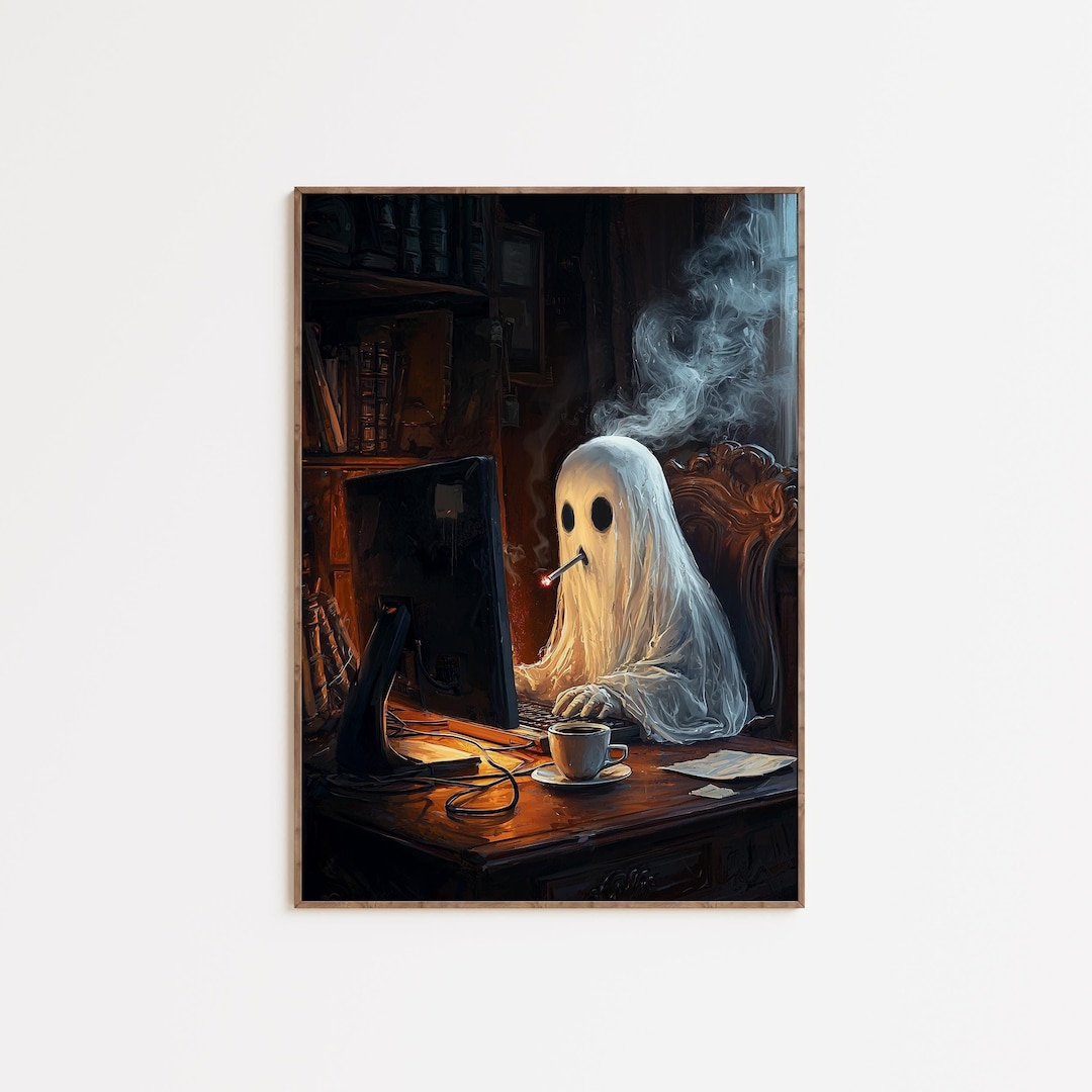 Funny Smoking Ghost Working at a Computer in the Library Wall Art, Halloween Decor, Spooky Funny Poster, Funny Ghost Painting, Quirky Art - Etsy Japan