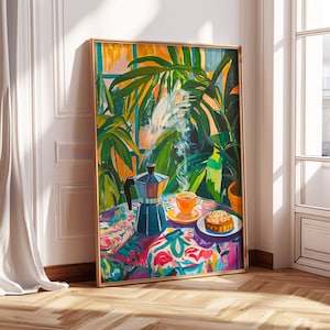 May include: A painting of a still life with a blue coffee pot, a cup of coffee, and a pastry on a colorful tablecloth. The background is a lush green jungle with a window in the distance.