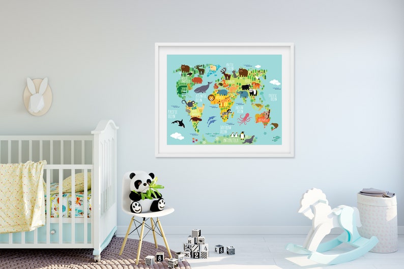 Animal World Map for Kids Room - Nursery World Map Baby Room - Baby Boy ...