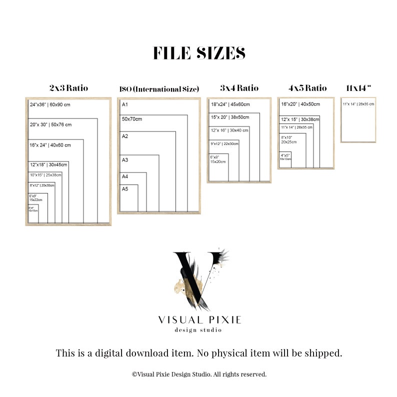 May include: A chart showing different file sizes for digital downloads in inches and centimeters. The chart is labeled with the headings "2x3 Ratio", "ISO (International Size)", "3x4 Ratio", "4x5 Ratio", and "11x14".