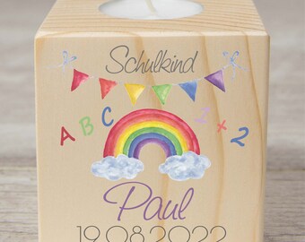 Teelichtwürfel Holz personalisiert zur Einschulung REGENBOGEN 54116