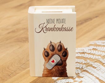 Sparbuch aus Holz KRANKENKASSE Spardose für Hund oder Katze