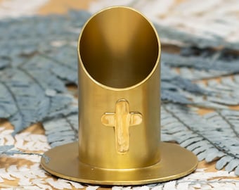 Kerzenhalter mit Kreuz aus Metall NEPTUN gold (4 cm) für deine Kommunionkerze oder Taufkerze