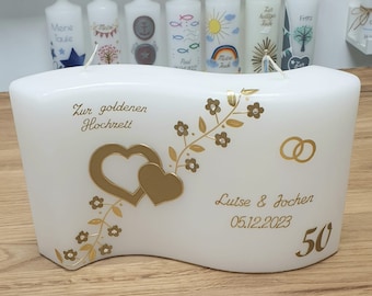 Kerze zur Goldenen Hochzeit FLORA wachsverziert und personalisiert