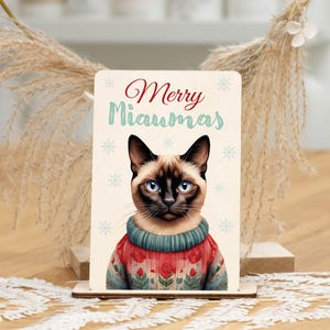 Weihnachtskarte aus Holz SIAM KATZE mit passendem Holzständer
