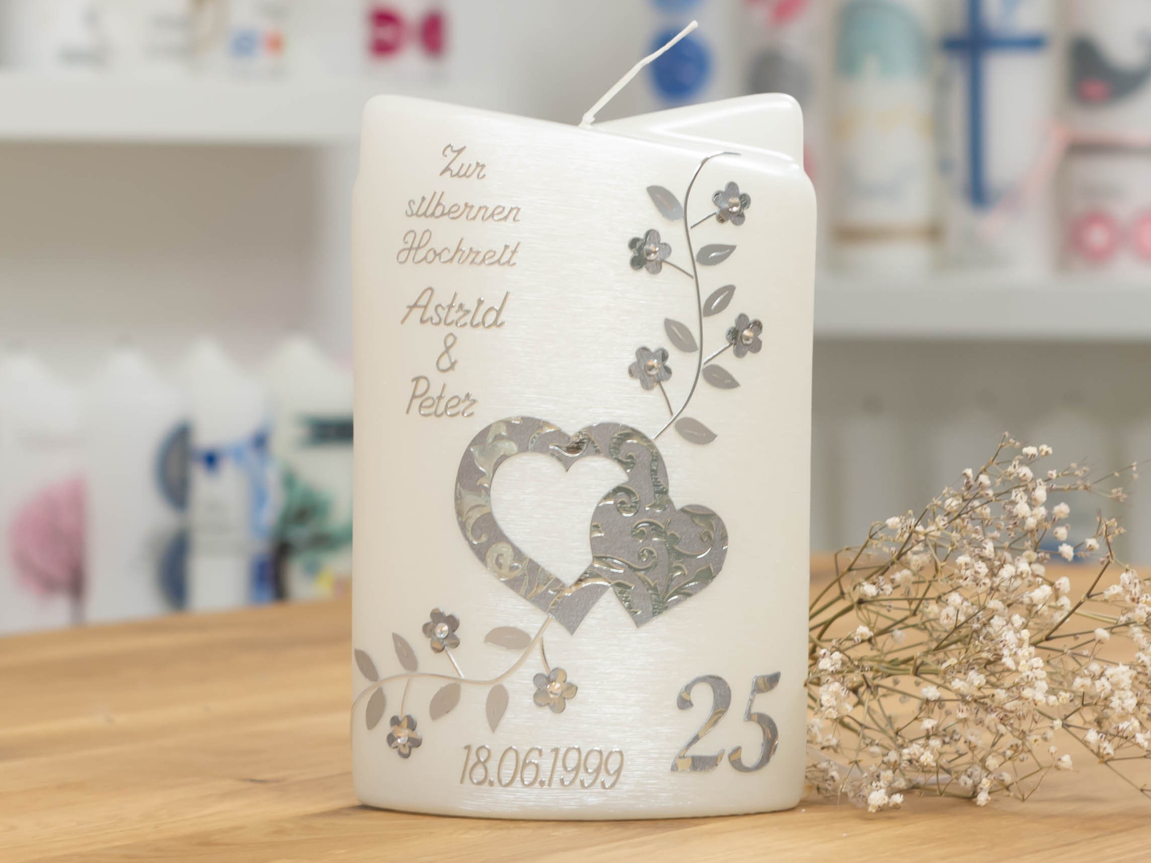 ♡ Hochzeitskerze Zur Silbernen Hochzeit PLUMERIA Wachsverziert