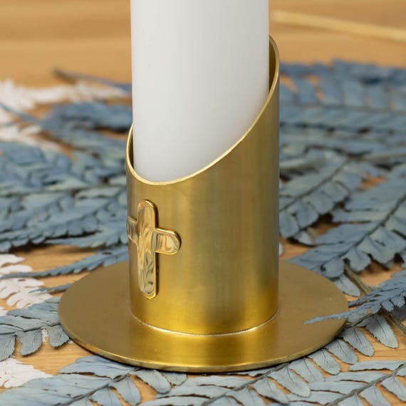 Kerzenhalter mit Kreuz aus Metall NEPTUN gold (4 cm) für deine Kommunionkerze oder Taufkerze