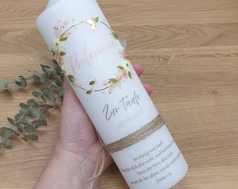 Taufkerze Mädchen modern floral Gold mit Name & Datum | Personalisierte Taufkerze Pastell inkl. Taufspruch - Modell PHILOMENA