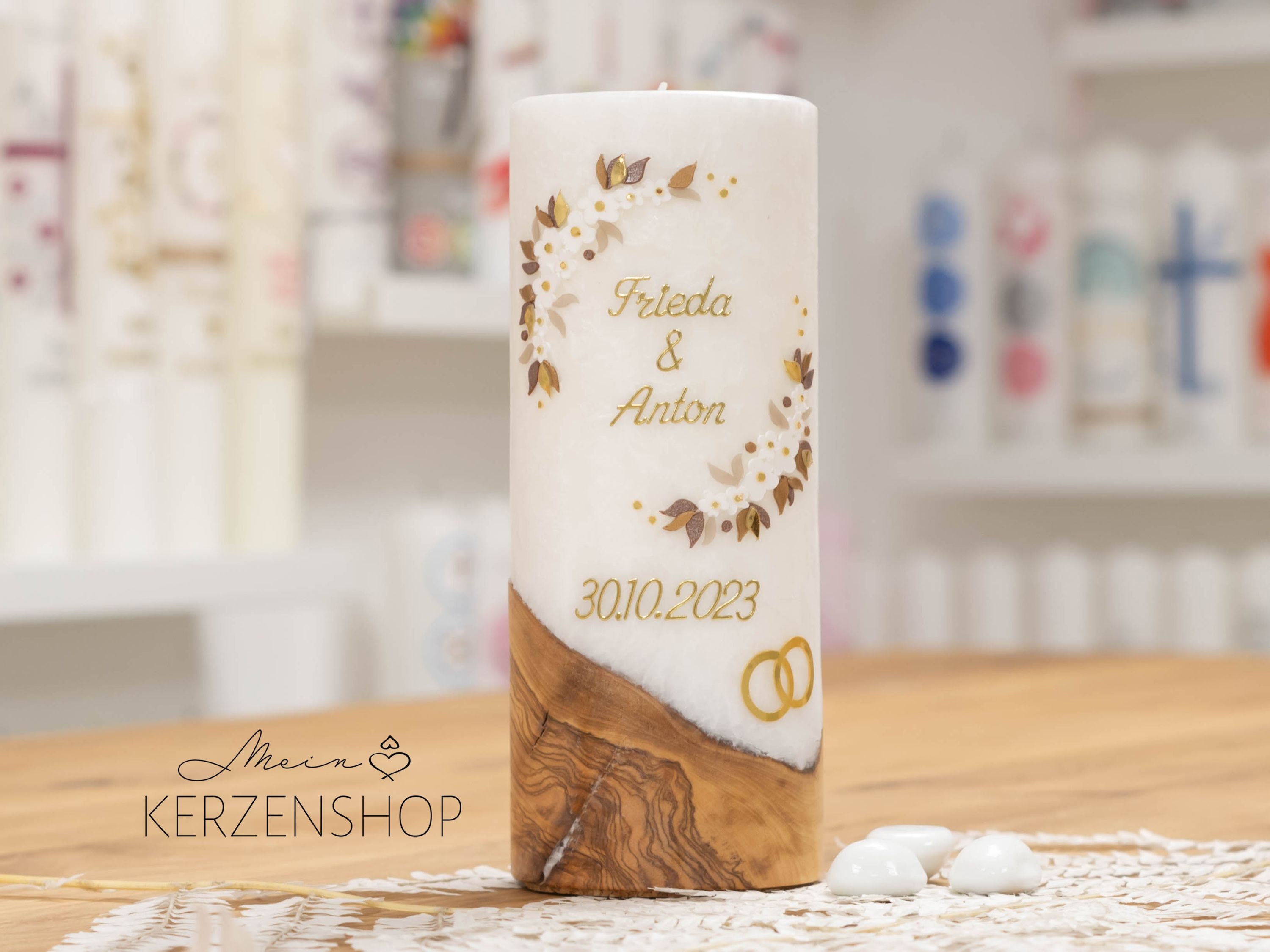 Hochzeitskerze WOODEN LOVE mit echtem Holz, wachsverziert