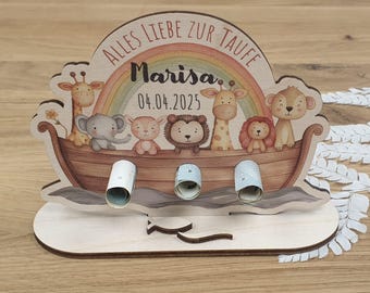 Geldgeschenk aus Holz RÜDIGER mit Arche Noah - personalisiertes Geschenk zur Taufe