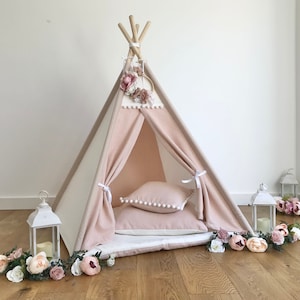 Teepee Set - Childrens Teepee Set in NEW Blush Pink & Ivory with Pom-Poms - Available in 4 sizes - with or without pom-pom scatter cushion