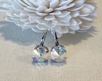 Swarovski AB Rivoli Crystal Earrings, Antique Silver Lever Back, Bridal Jewelry, 10mm