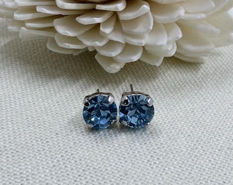 Aquamarine Crystal Stud Earrings - Platinum Tone Setting - 8mm - Choose Your Finish