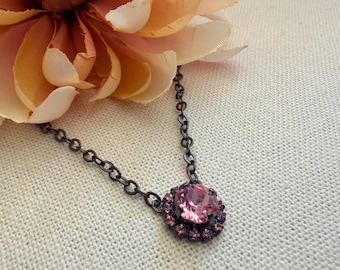 Swarovski Light Rose Crystal Neckkace, Halo Necklace, Solitaire Necklace, 8mm, Gunmetal