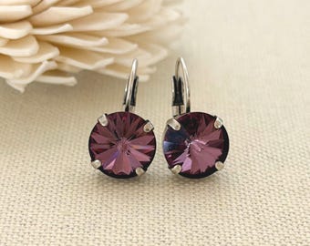 Antique Pink Crystal Earrings, Swarovski Rivoli Crystals, Antique Silver LeverBack, Bridal Jewelry, 12mm