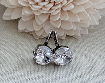 Clear Crystal Earrings, Rivoli Crystals, Antique Silver LeverBack, Bridal Jewelry, 12mm