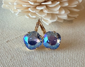 Swarovski Light Sapphire Shimmer Earrings, Cushion Cut Crystals, 12mm chatons