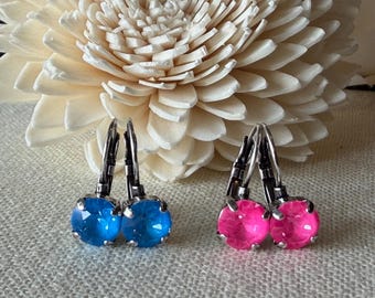 Swarovski Crystal Earrings, Electric Blue or Electric Pink, Leverbacks, Choose Your Finish