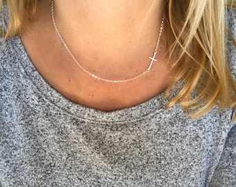 Sterling Silver Horizontal Cross Necklace, Hammered Faith Pendant, Christian Jewelry