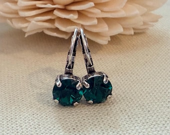 Swarovski Emerald Crystal Earrings, Rhodium, Leverback, 8mm, Choose Your Finish
