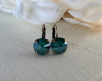 Swarovski Royal Green Rivoli Crystal Earrings, Antique Brass Lever Back, Bridal Jewelry