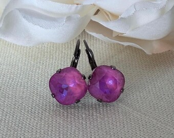 Peony Pink Crystal Earrings, Cushion Cut Crystals, 12mm chatons, Gunmetal