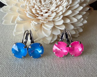 Swarovski Electric Blue or Electric Pink Rivoli Crystal Earrings, Antique Silver LeverBack, 12mm