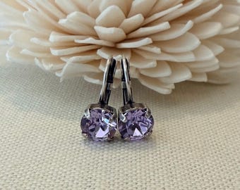 Swarovski Violet Crystal Earrings, Antique Silver Leverback, 8mm, Choose Your Finish