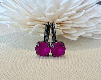 Swarovski Matte Fuschia Crystal Earrings, Gunmetal Leverback Earrings, 8mm, Choose Your Finish
