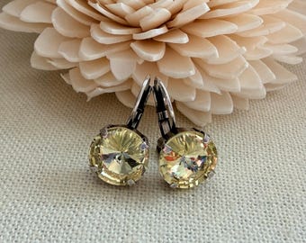 Jonquil Crystal Earrings, Rivoli Crystals, Antique Silver LeverBack, Bridal Jewelry, 12mm