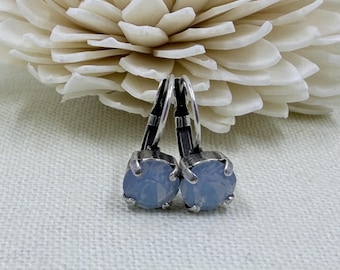 Swarovski Crystal Earrings, Air Blue Opal, Antique Silver, Lever Back, 8mm, Choose Your Finish