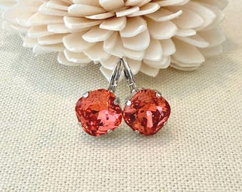 Swarovski Padparadscha Earrings, Cushion Cut Crystals, 12mm chatons