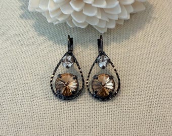 Swarovski Teardrop Earrings, Light Topaz Crystal, Bronze Setting, Bridal Occasion