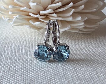Swarovski Crystal Earrings, Aquamarine, Rhodium Finish, Lever Back, 8mm, Choose Your Finish