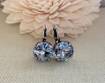 Light Sapphire Crystal Earrings, Rivoli Crystals, Antique Silver LeverBack, Bridal Jewelry, 12mm