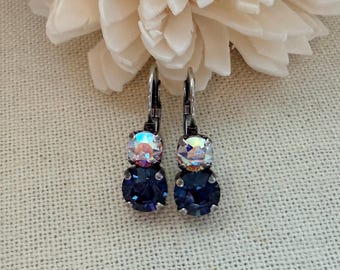 Swarovski Crystal Drop Earrings, Blue and AB, Antique Silver Setting