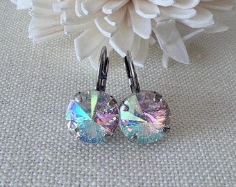 Swarovski Tears of Isis Rivoli Crystal Earrings, Antique Silver LeverBack, Bridal Jewelry, 12mm