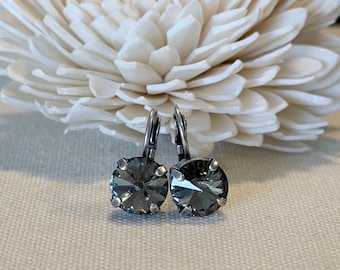 Swarovski Black Diamond Rivoli Crystal Earrings, Antique Silver Lever Back, Bridal Jewelry, 10mm