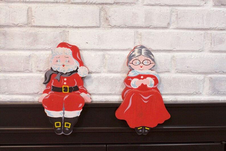 Vintage Santa and  Mrs Claus  Wood Shelf Mantel Sitter image 0