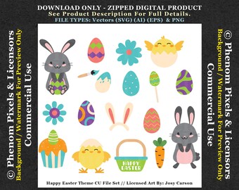 Happy Easter Vectors File Set - Commercial Use - SVG, EPS, AI, PNGs - Bunny Easter Eggs Chicks Basket & More - Digital Download